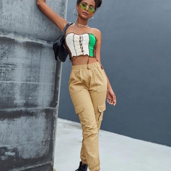 Color Block Top-Stitching Lace Up Front Crop Tube Top NWT - Picture 6 of 6